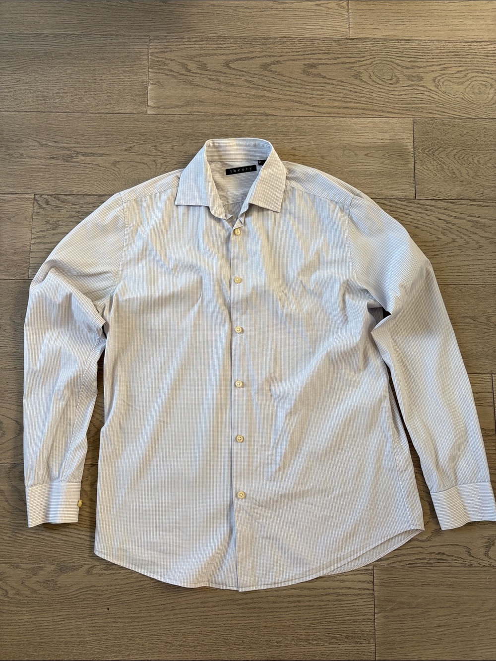 Theory Men's White Dress Shirt with Light Blue Pinstripes